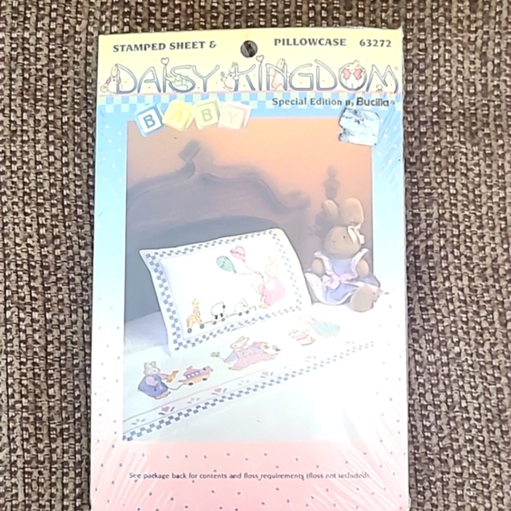 Daisy Kingdom Stamped Sheet and Pillowcase Kit for cross stitch.  NEW